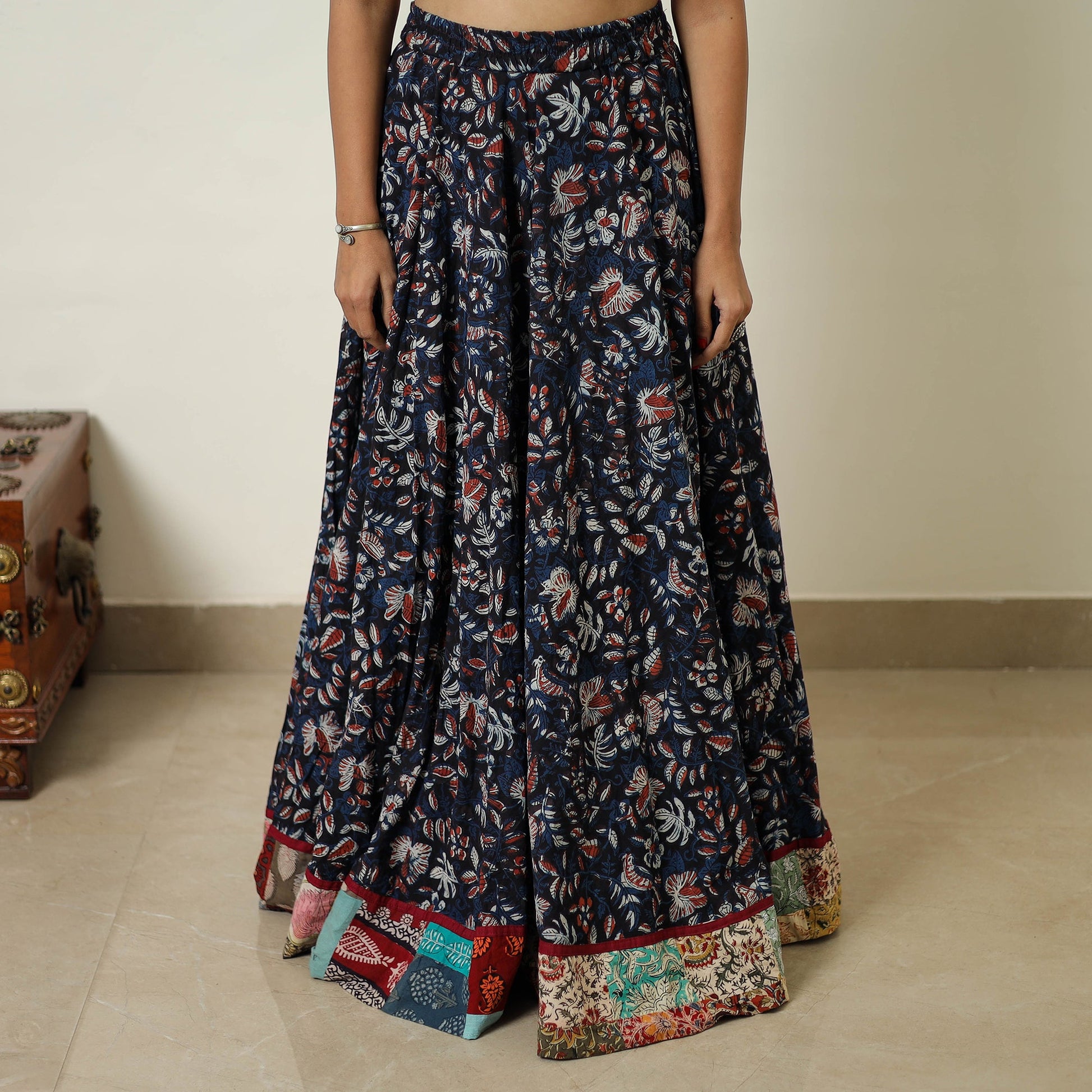 Blue - Hand Block Printed Cotton Long Bagru Skirt 12