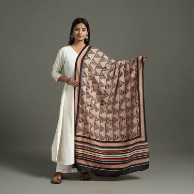 Brown - Block Print Mul Cotton Dabu Bagru Dupatta 09
