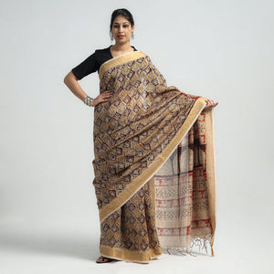 Brown - Original Pedana Kalamkari Block Print Silk Saree