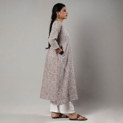 Beige - White & Black - Block Print Cotton A-Line Bagh Kurta