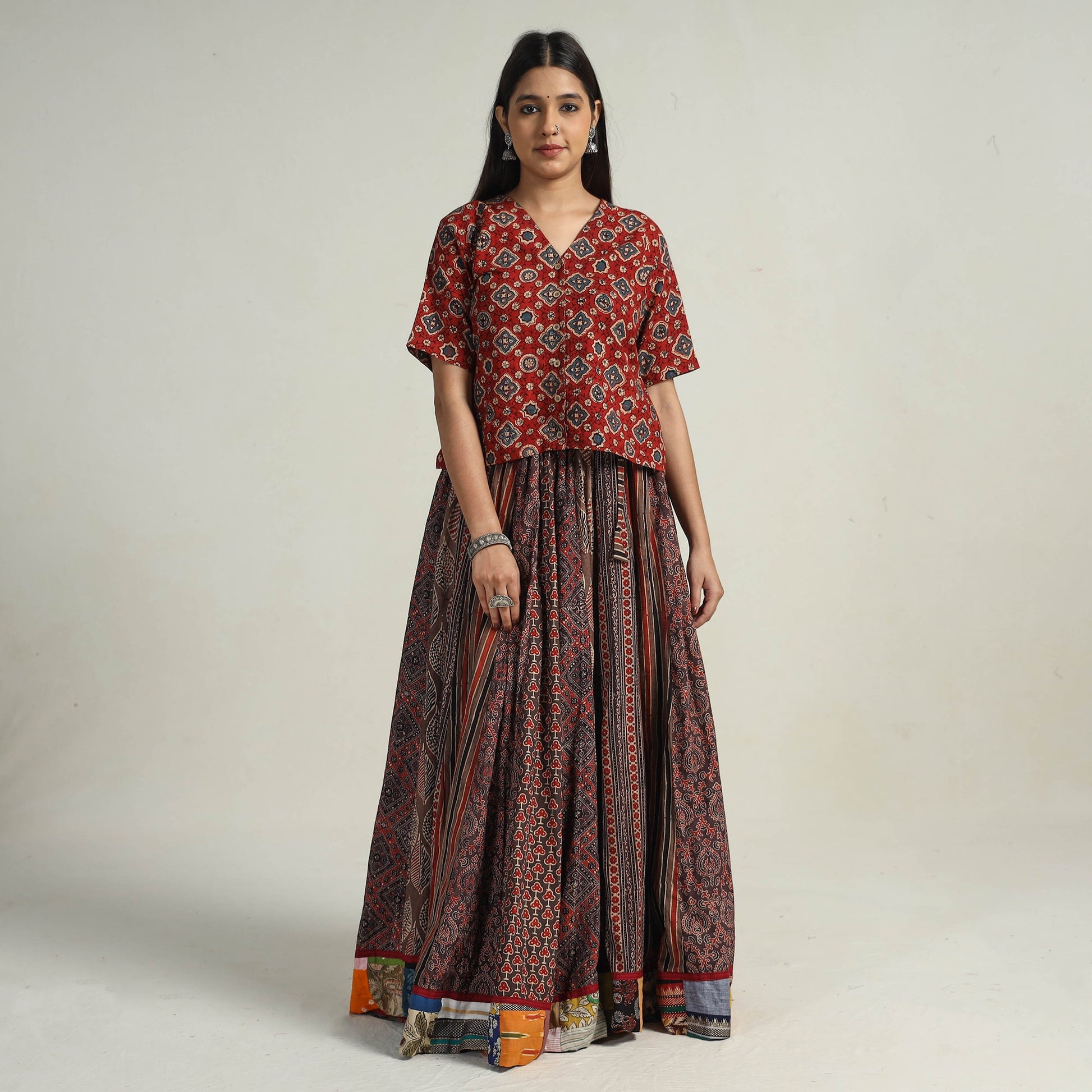 Brown - Kutch Block Printed 24 Kali Cotton Long Skirt 29