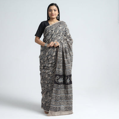 Black - Pedana Block Print Cotton Kalamkari Saree