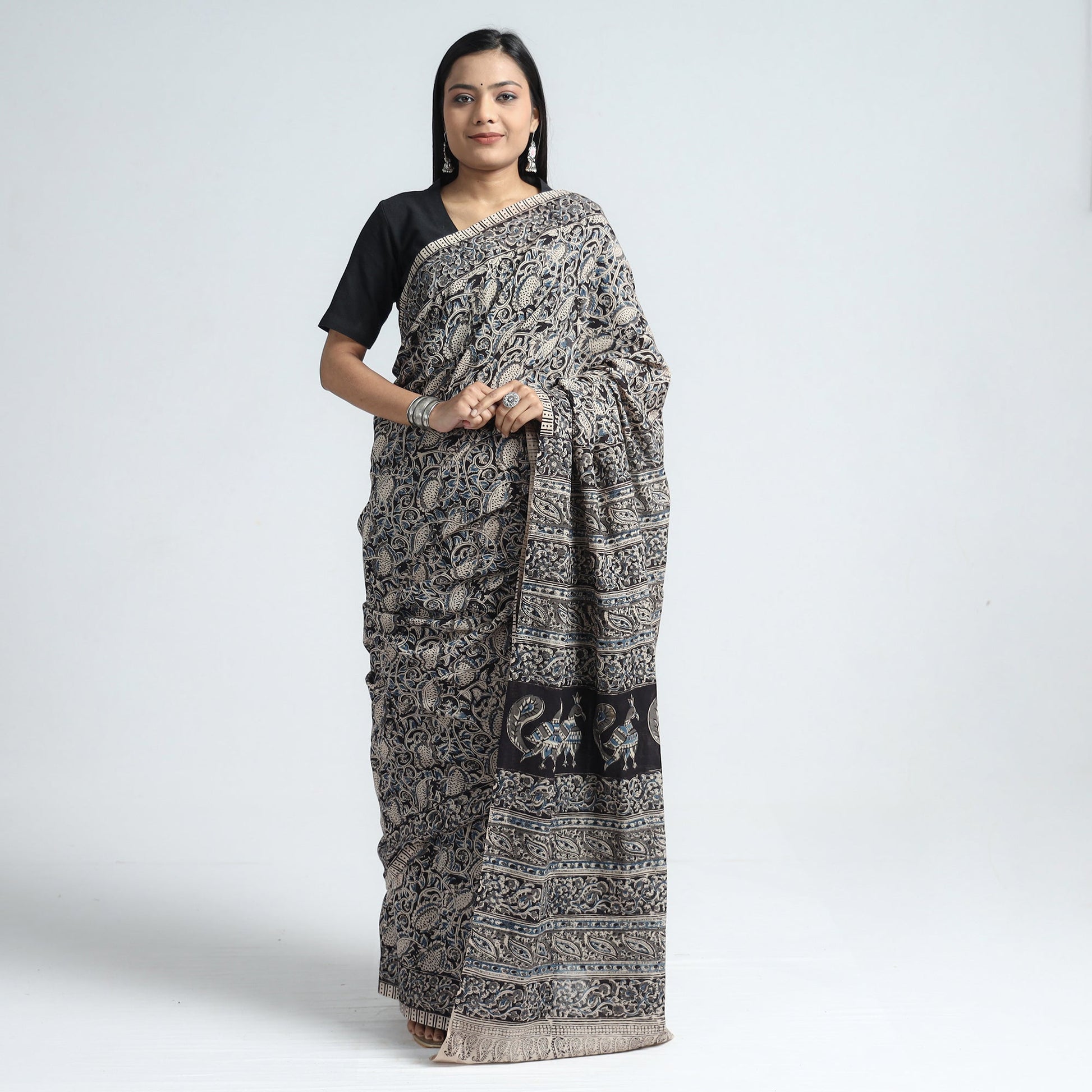 Black - Pedana Block Print Cotton Kalamkari Saree