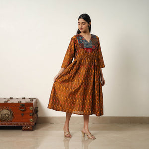 Brown - Mercerized Cotton Flared Pochampally Ikat Dress 04