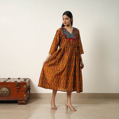 Brown - Mercerized Cotton Flared Pochampally Ikat Dress 04
