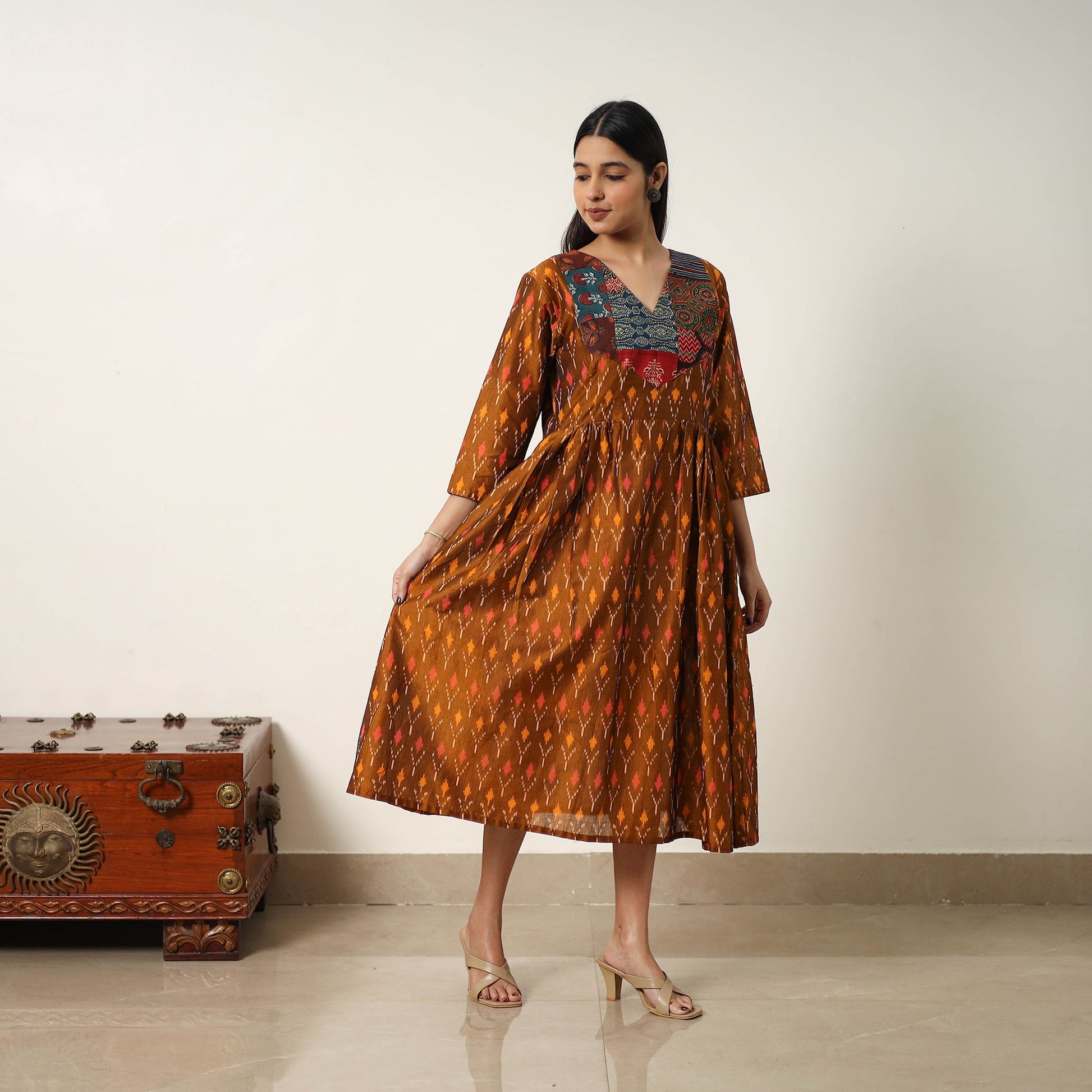 Brown - Mercerized Cotton Flared Pochampally Ikat Dress 04