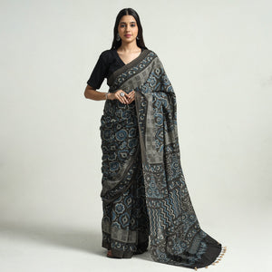 Brown - Block Printed Mul Cotton Ajrakh Saree