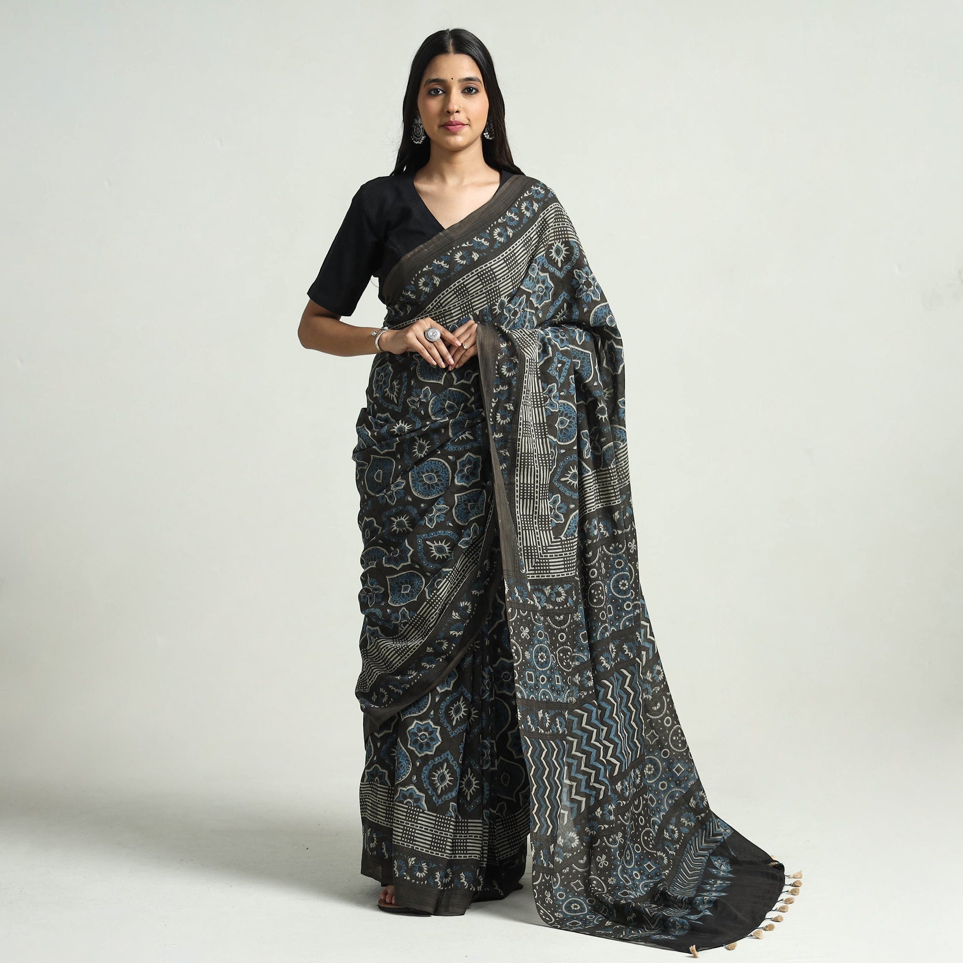 Brown - Block Printed Mul Cotton Ajrakh Saree