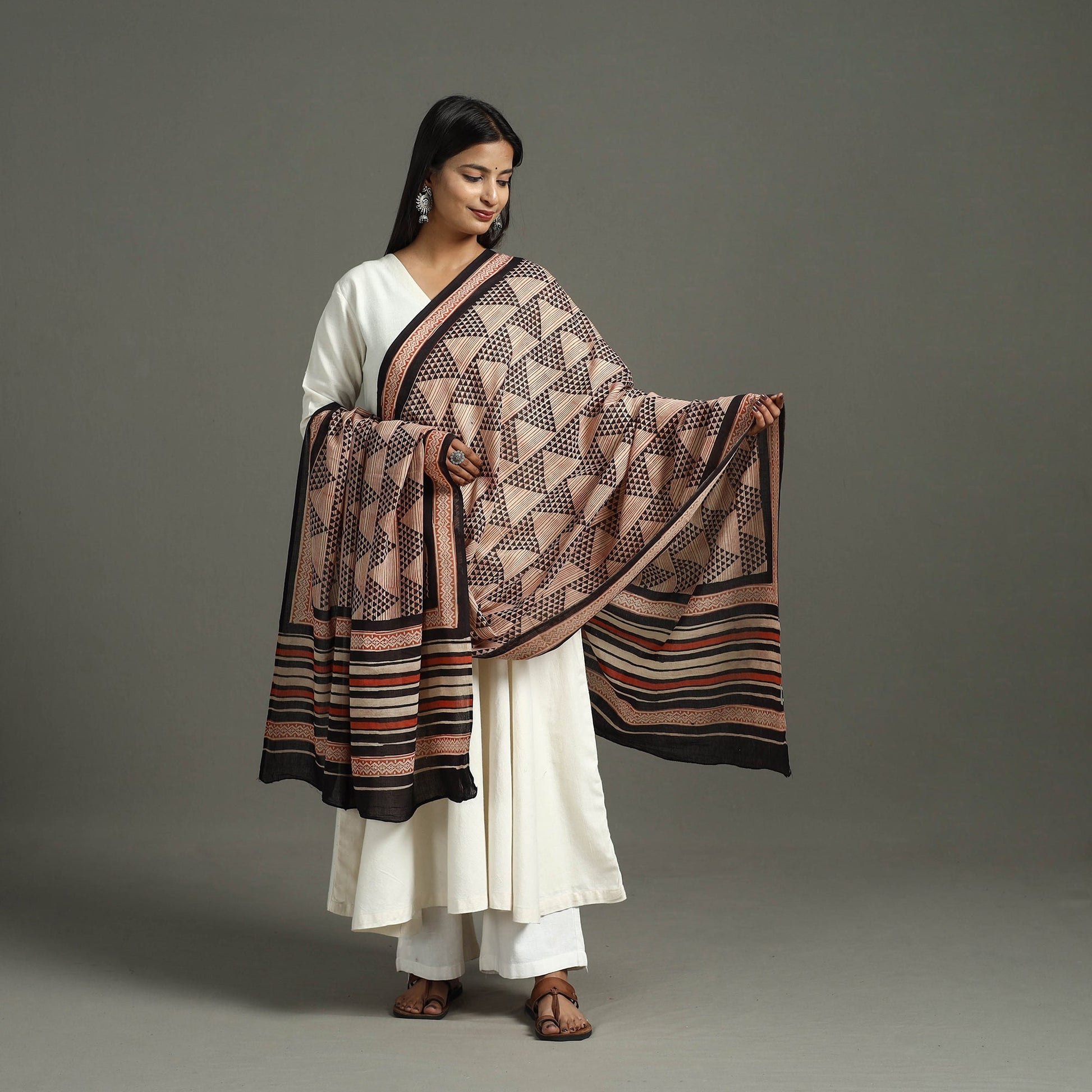 Brown - Block Print Mul Cotton Dabu Bagru Dupatta 09