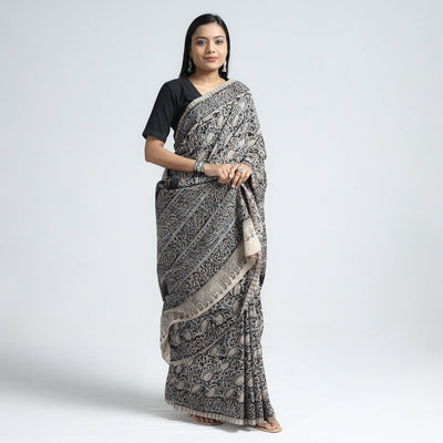 Black - Pedana Block Print Cotton Kalamkari Saree