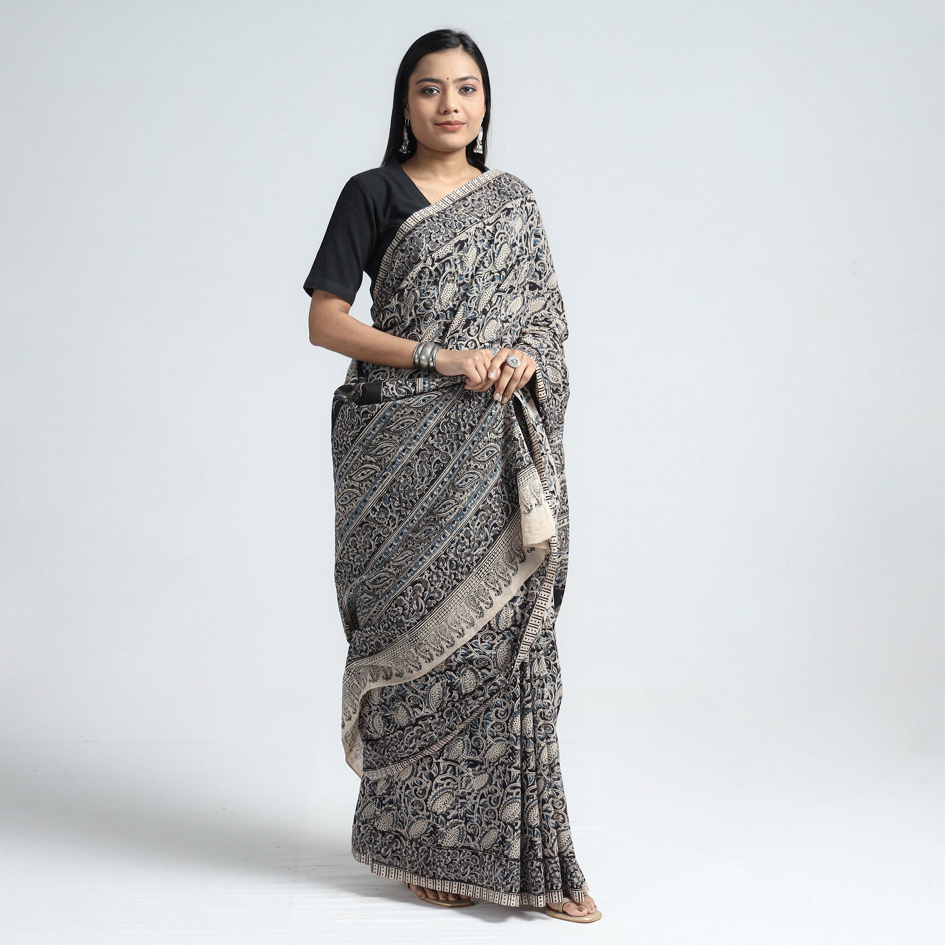 Black - Pedana Block Print Cotton Kalamkari Saree