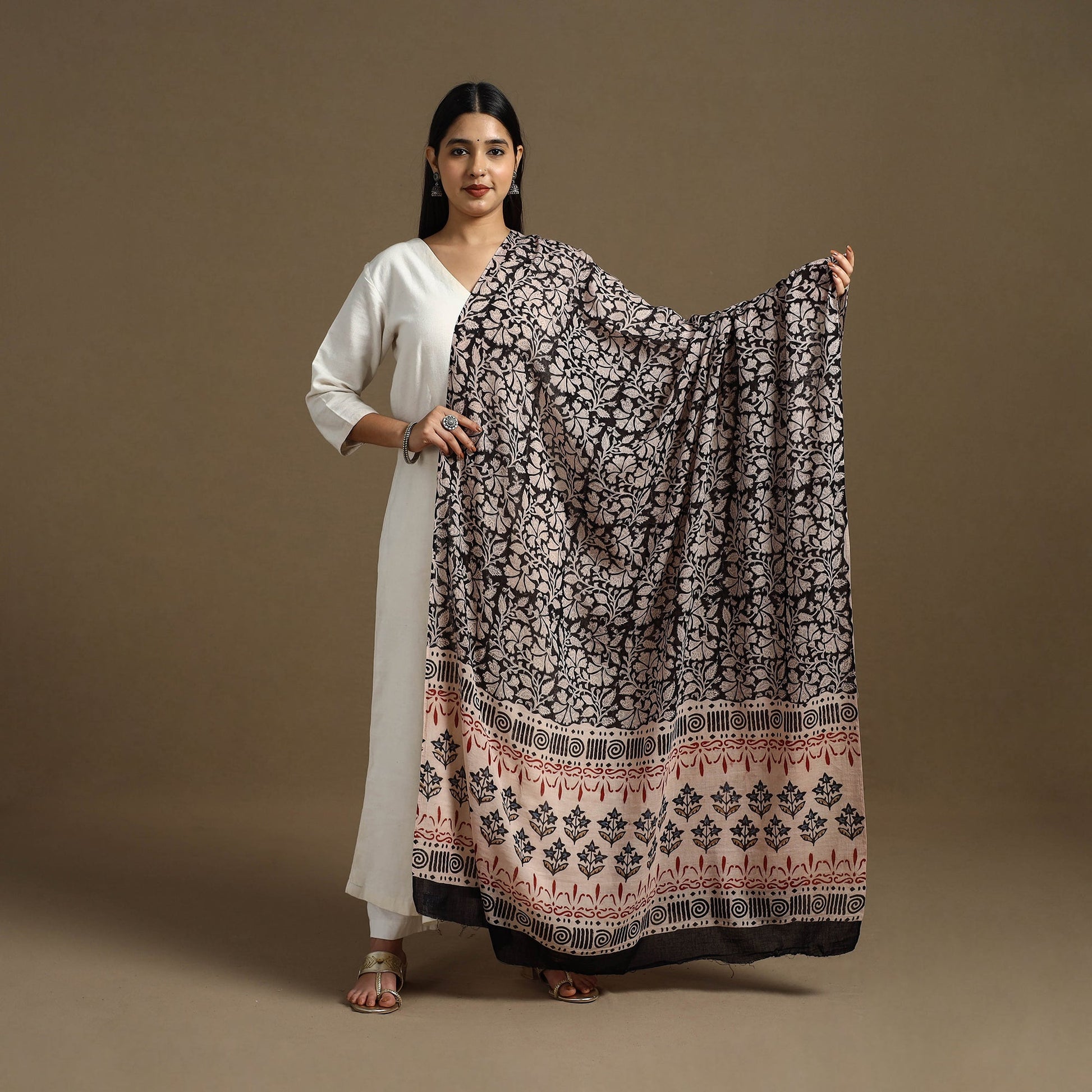 Black - Block Print Mul Cotton Bagru Dupatta 25