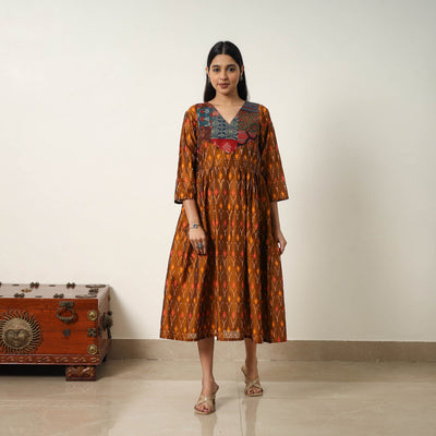 Brown - Mercerized Cotton Flared Pochampally Ikat Dress 04