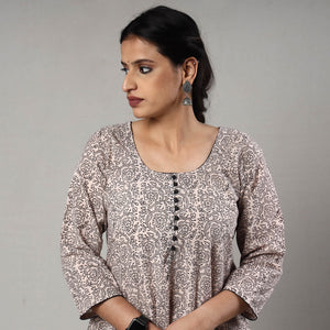 Beige - White & Black - Block Print Cotton A-Line Bagh Kurta