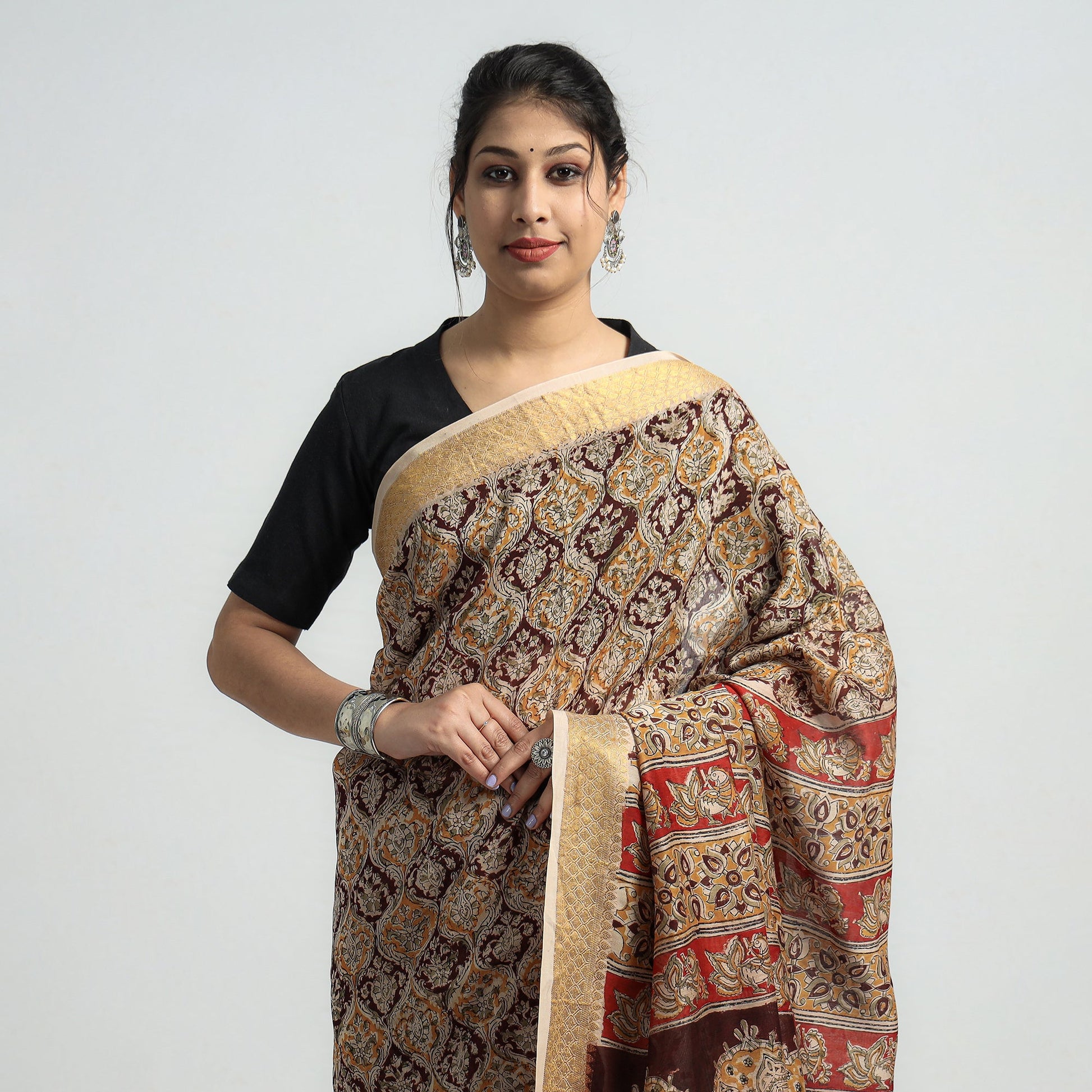 Brown - Original Pedana Kalamkari Block Print Silk Saree