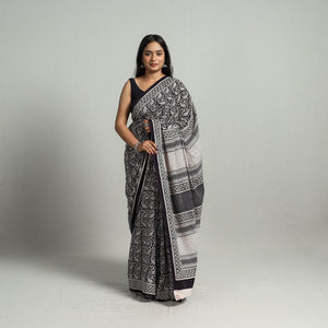 Black - Natural Dyed Bagh Print Cotton Saree with Blouse Piece 28