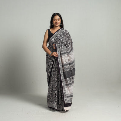Black - Natural Dyed Bagh Print Cotton Saree with Blouse Piece 28