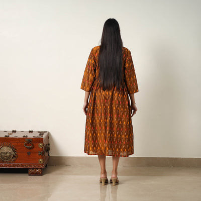 Brown - Mercerized Cotton Flared Pochampally Ikat Dress 04