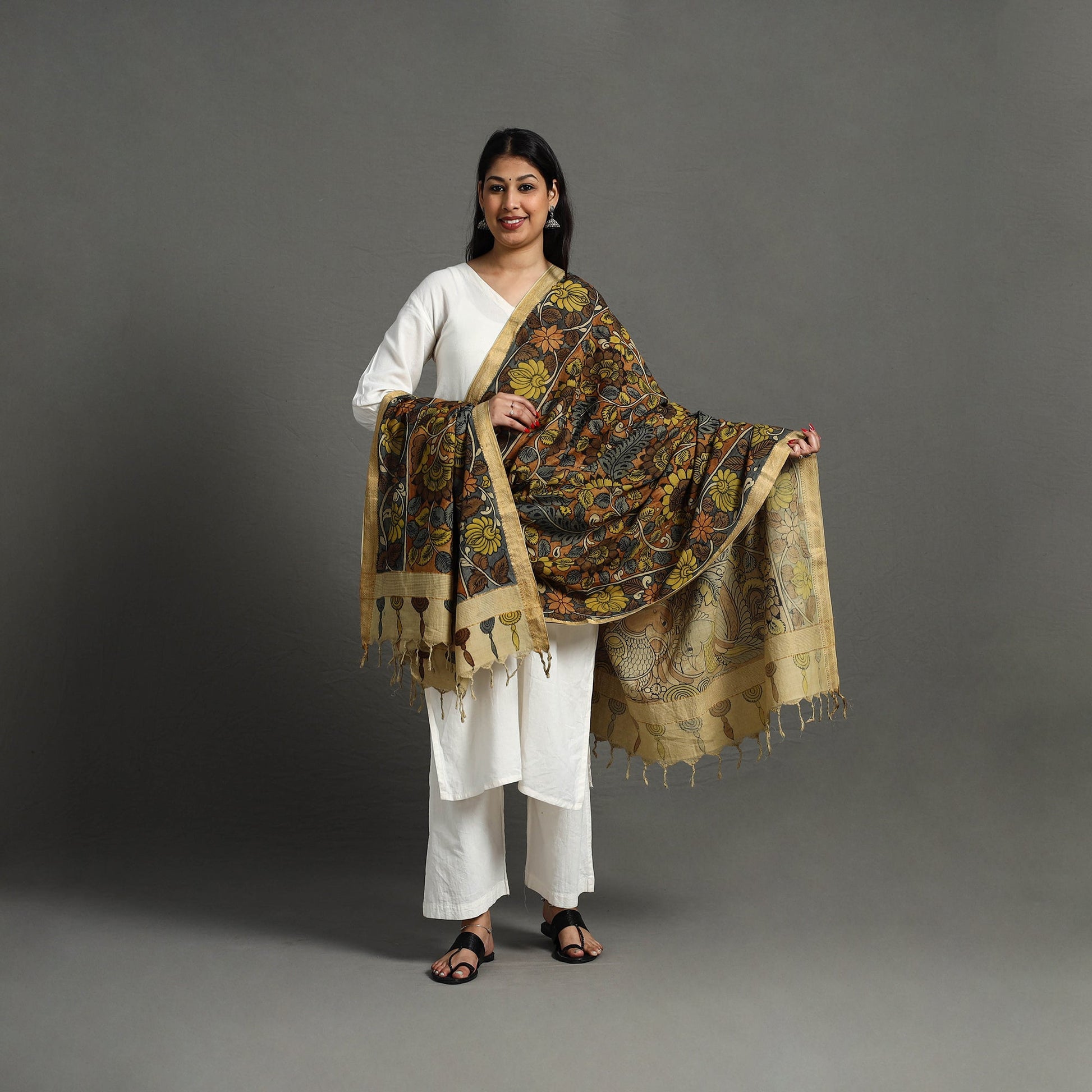 Brown - Mangalagiri Cotton Handpainted Pen Work Kalamkari Dupatta 23