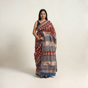 Red - Bagru Print Chanderi Silk-Cotton Saree with Zari Border 02