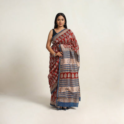 Red - Bagru Print Chanderi Silk-Cotton Saree with Zari Border 02