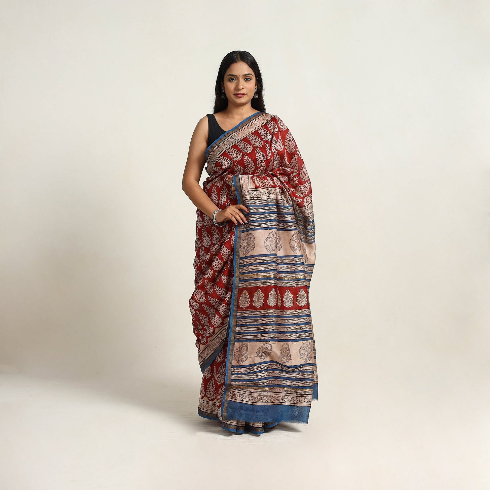 Red - Bagru Print Chanderi Silk-Cotton Saree with Zari Border 02