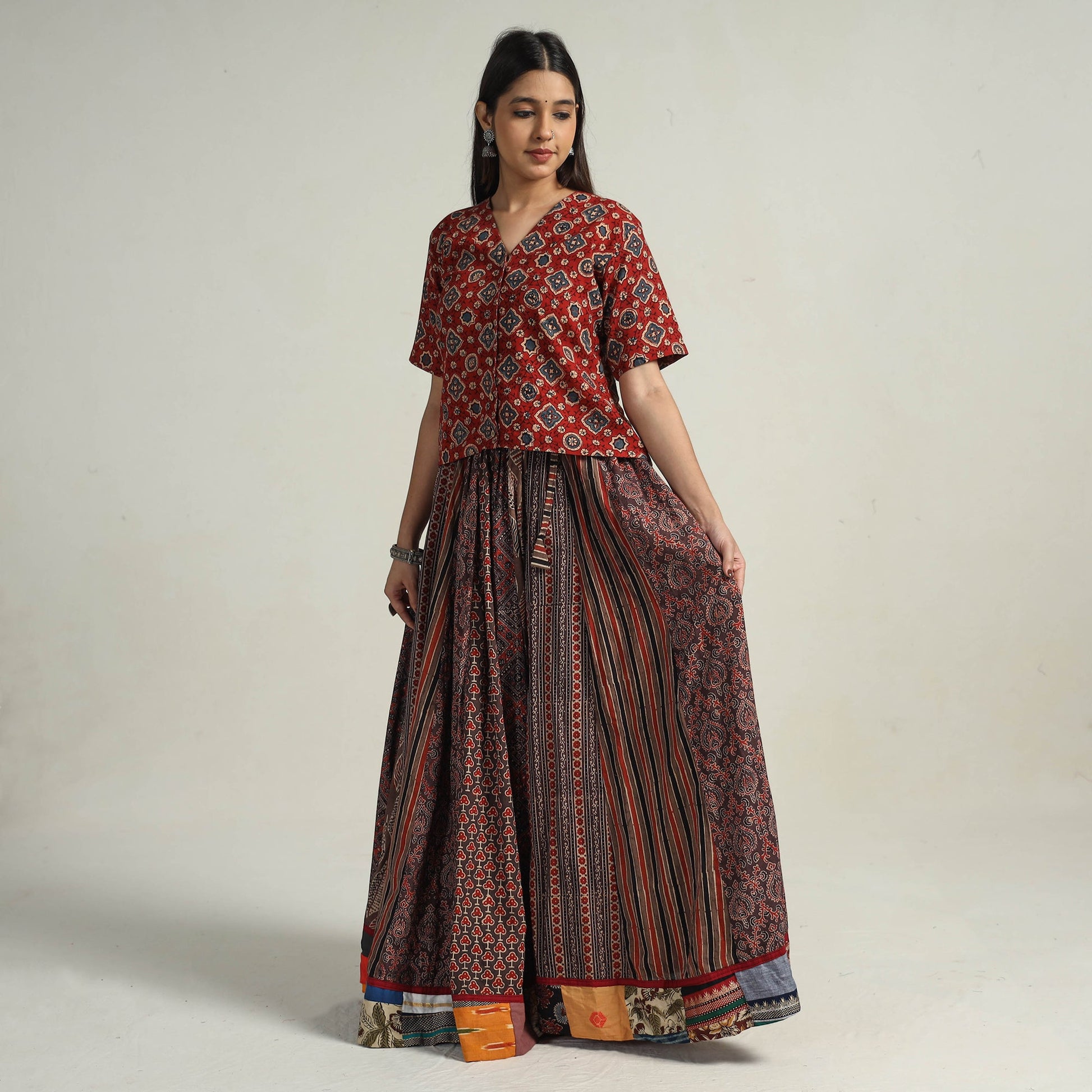 Brown - Kutch Block Printed 24 Kali Cotton Long Skirt 29