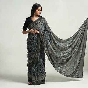 Brown - Block Printed Mul Cotton Ajrakh Saree
