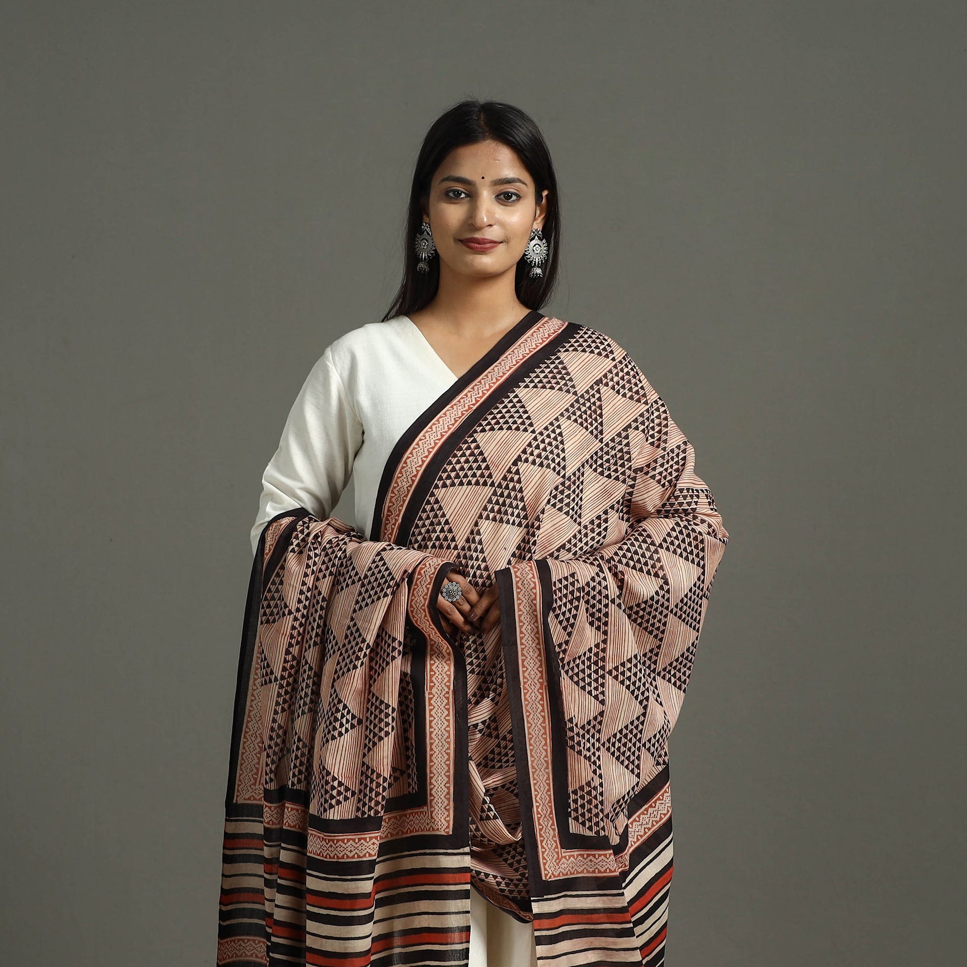 Brown - Block Print Mul Cotton Dabu Bagru Dupatta 09