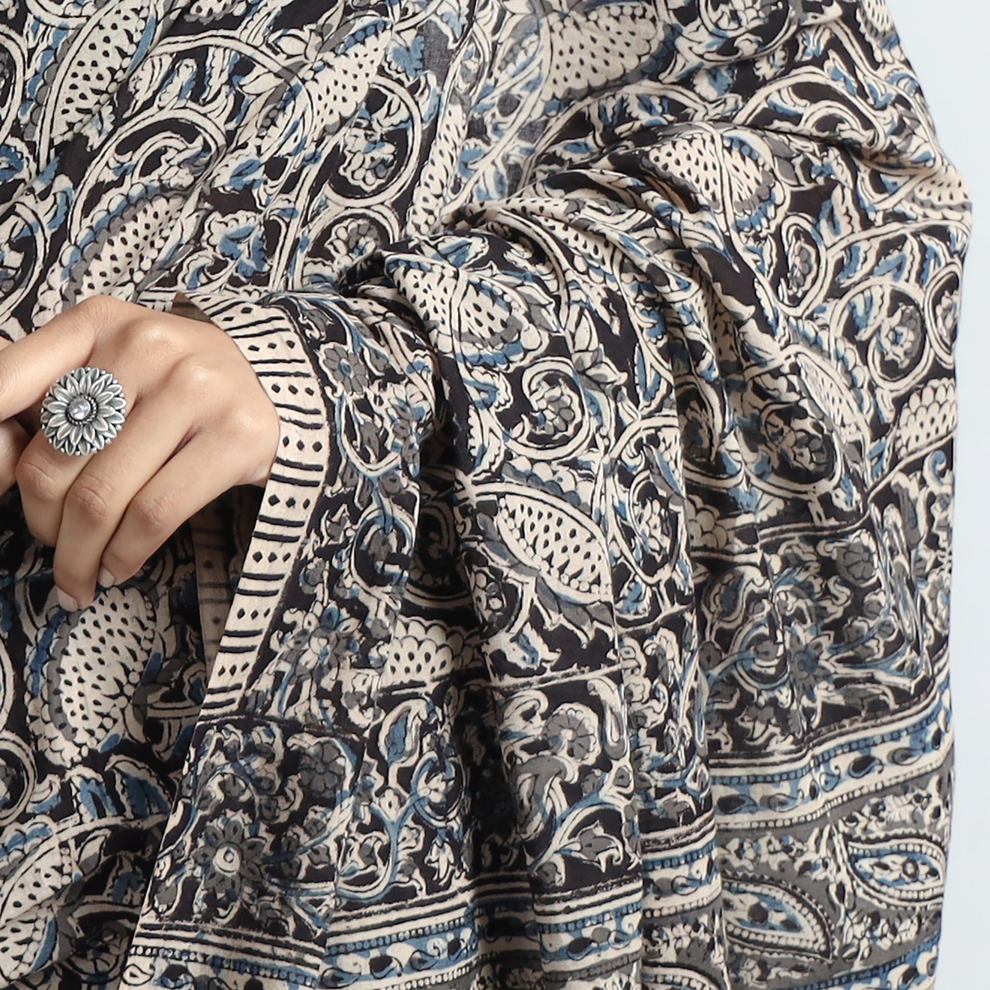 Black - Pedana Block Print Cotton Kalamkari Saree