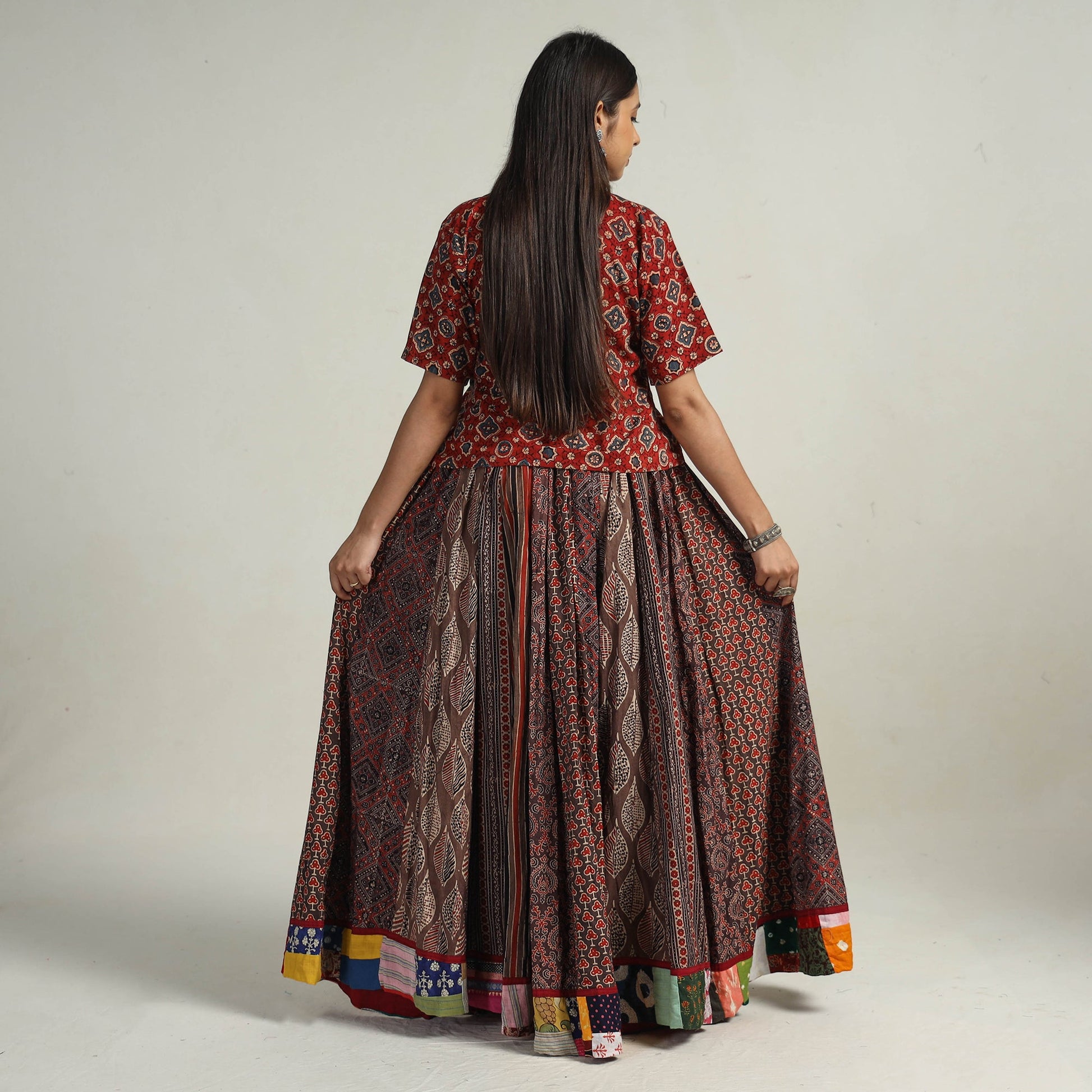 Brown - Kutch Block Printed 24 Kali Cotton Long Skirt 29