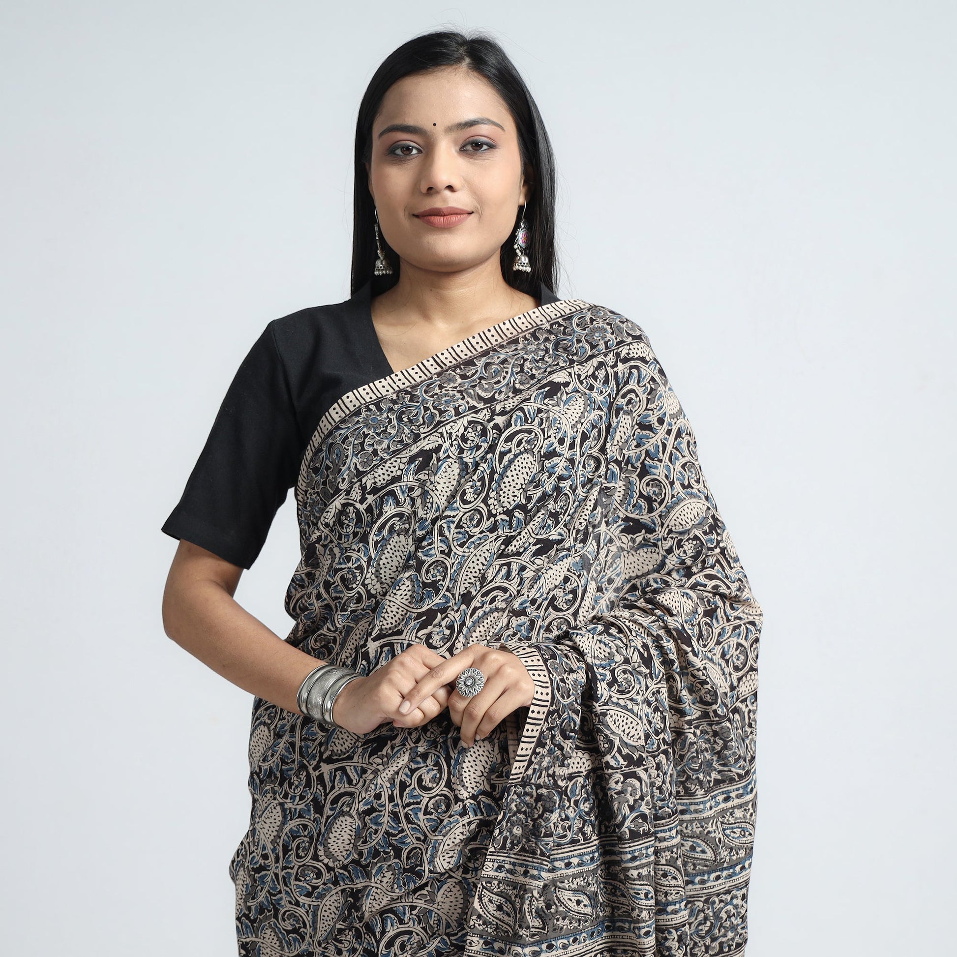 Black - Pedana Block Print Cotton Kalamkari Saree