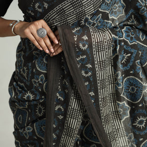 Brown - Block Printed Mul Cotton Ajrakh Saree
