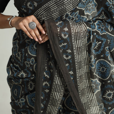 Brown - Block Printed Mul Cotton Ajrakh Saree