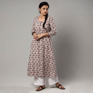 Beige - White & Maroon Block Print Cotton A-Line Bagh Kurta