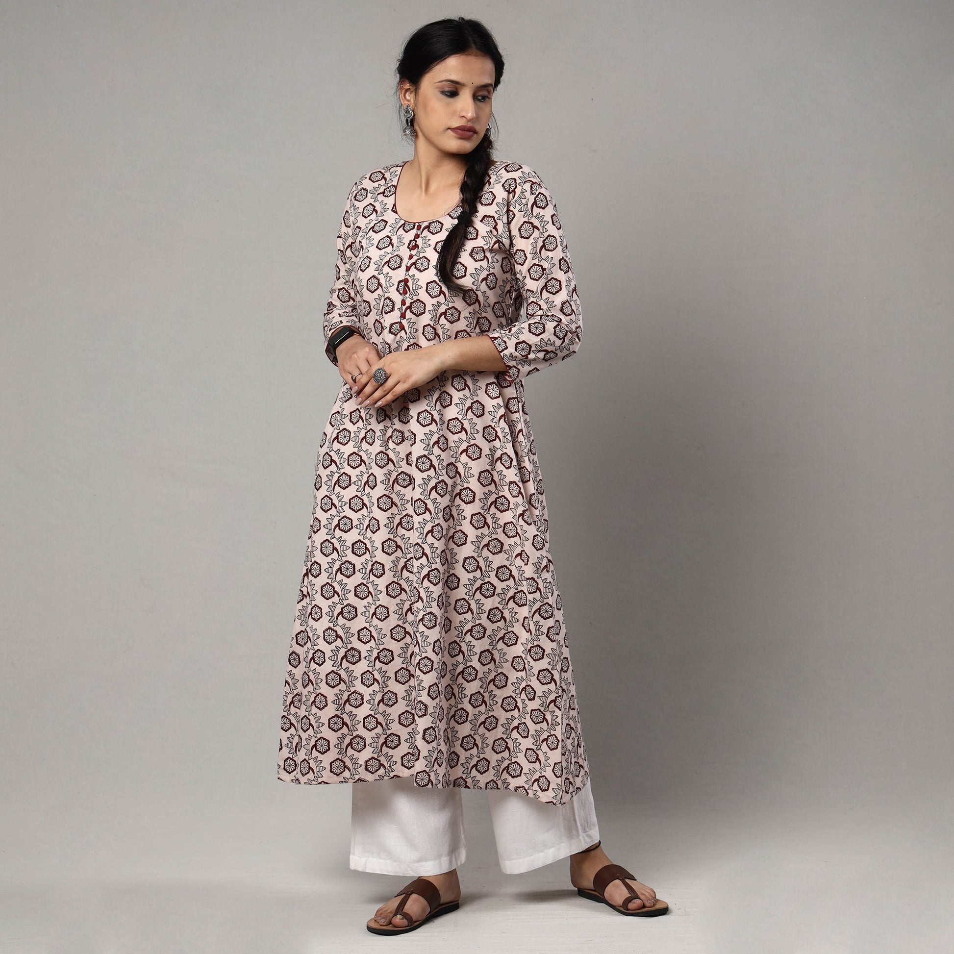 Beige - White & Maroon Block Print Cotton A-Line Bagh Kurta