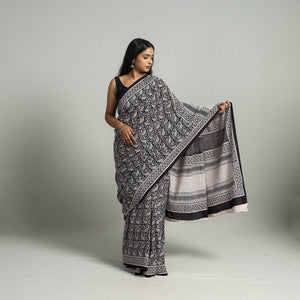 Black - Natural Dyed Bagh Print Cotton Saree with Blouse Piece 28