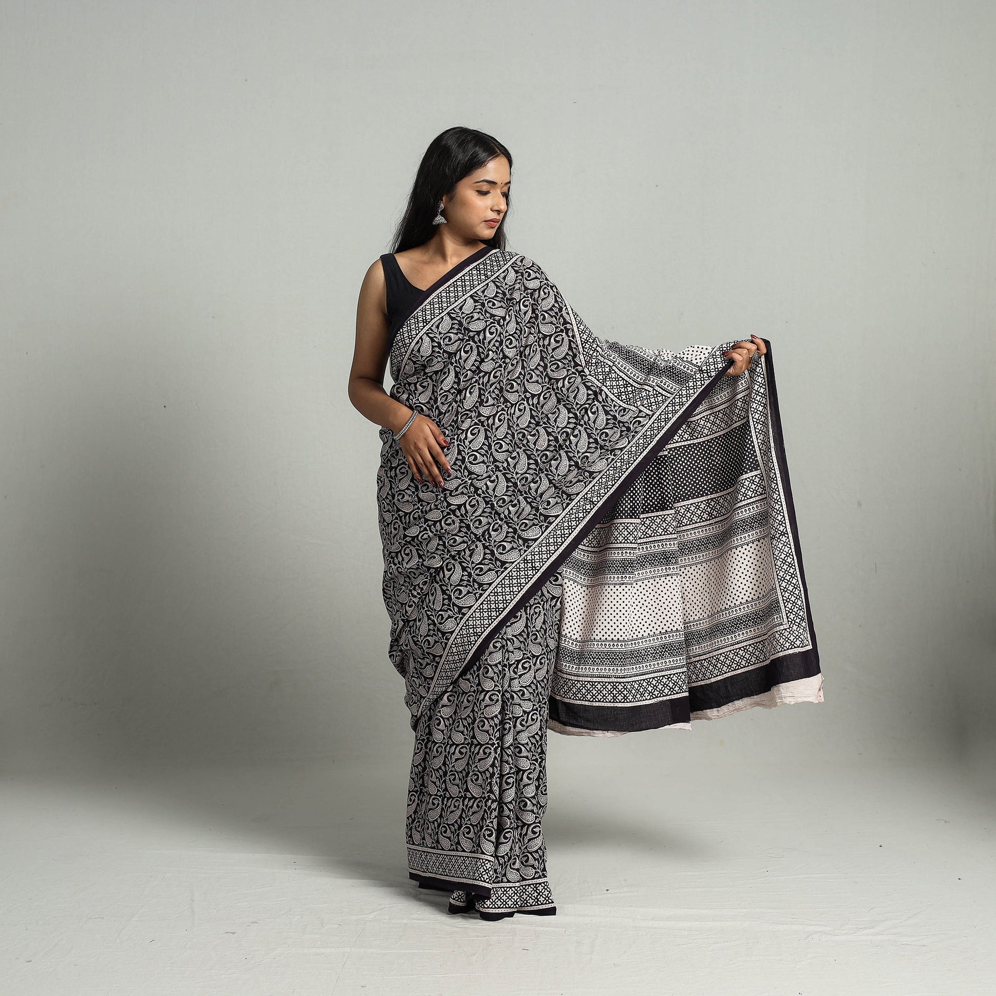 Black - Natural Dyed Bagh Print Cotton Saree with Blouse Piece 28