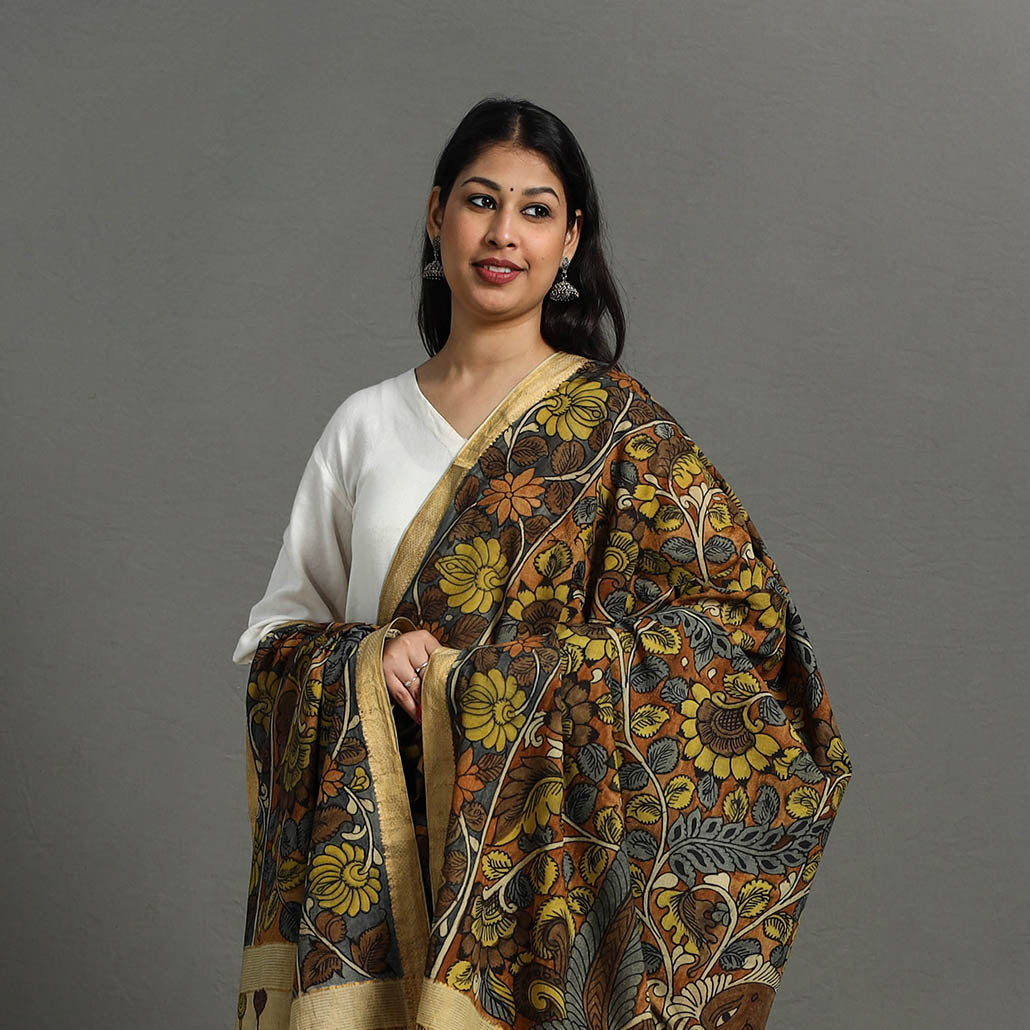 Brown - Mangalagiri Cotton Handpainted Pen Work Kalamkari Dupatta 23
