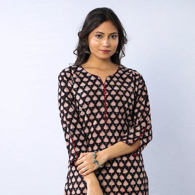Black & Pinkish Floral Buta Bagru Hand Block Printed Cotton Long Kurta 10