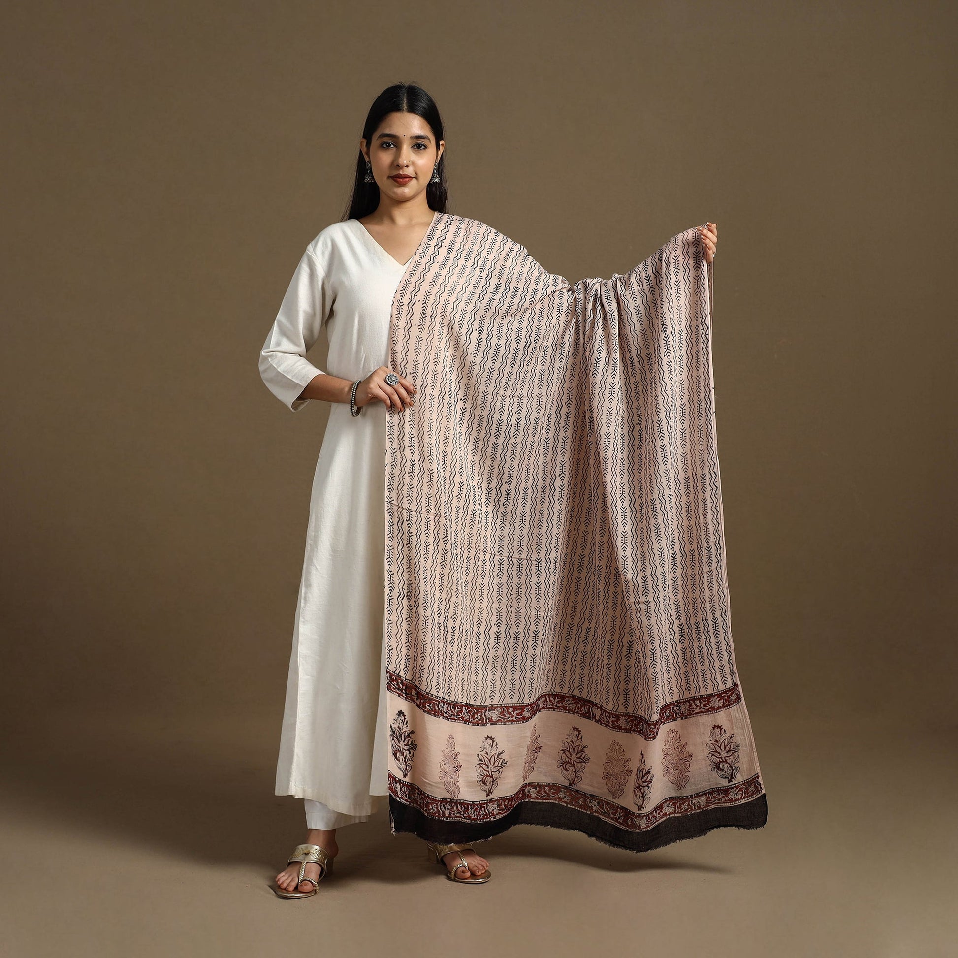 Beige - Block Print Mul Cotton Bagru Dupatta 26