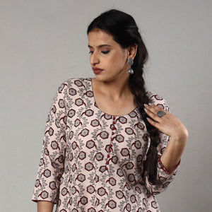 Beige - White & Maroon Block Print Cotton A-Line Bagh Kurta