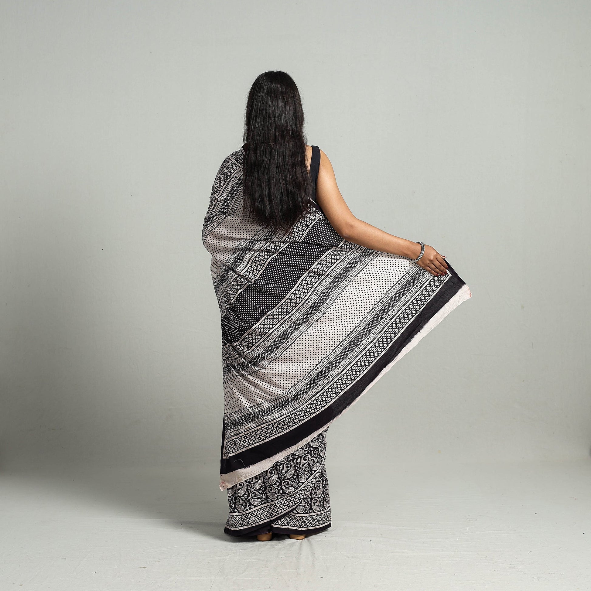 Black - Natural Dyed Bagh Print Cotton Saree with Blouse Piece 28