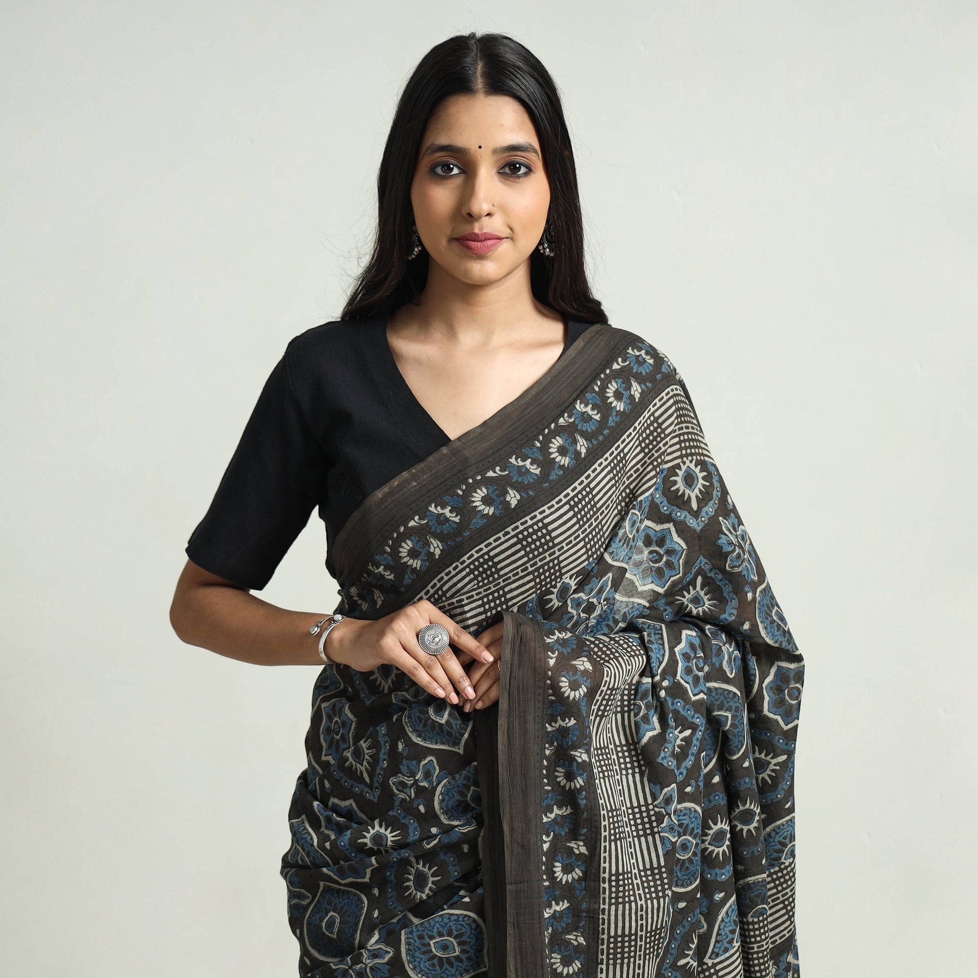 Brown - Block Printed Mul Cotton Ajrakh Saree