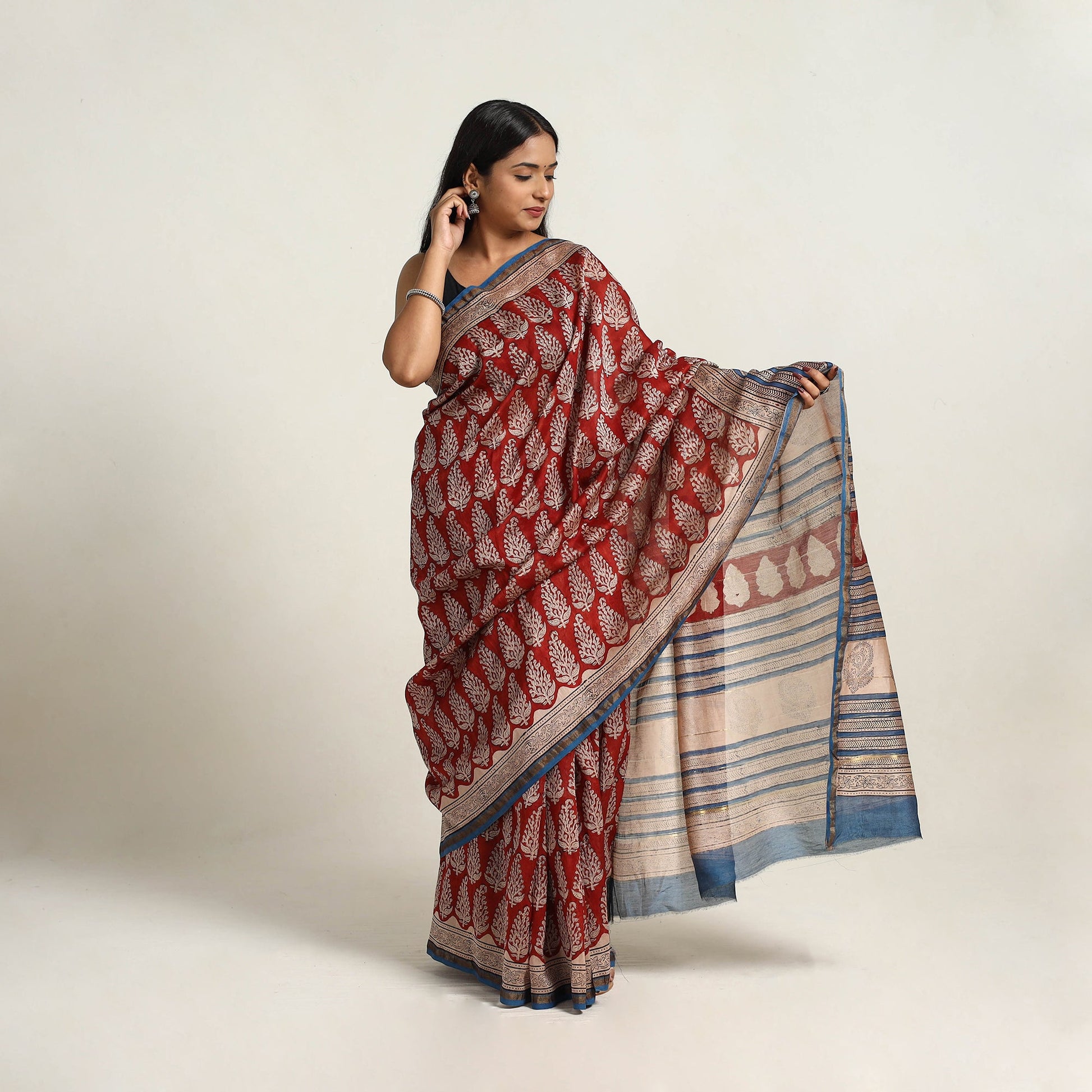 Red - Bagru Print Chanderi Silk-Cotton Saree with Zari Border 02
