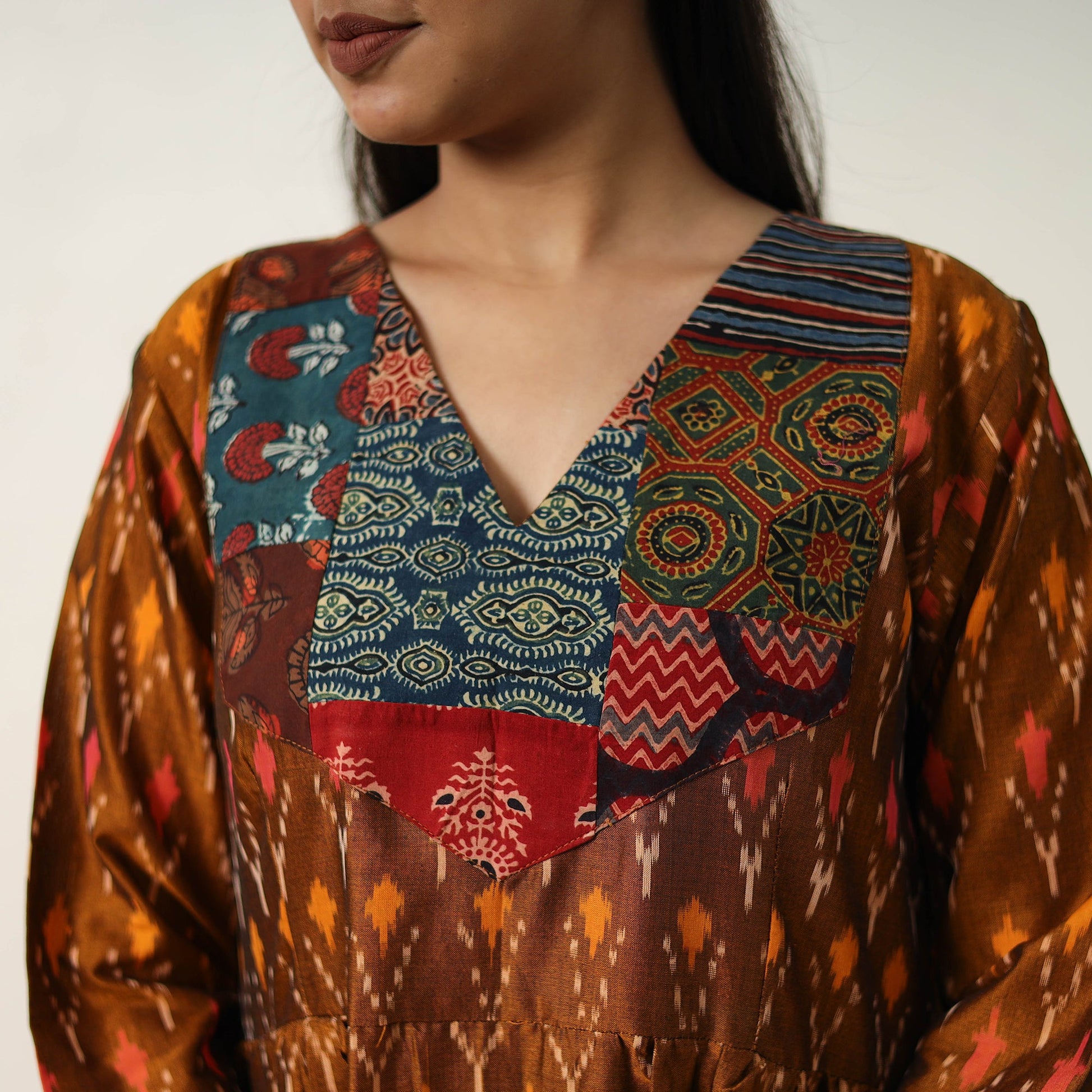 Brown - Mercerized Cotton Flared Pochampally Ikat Dress 04