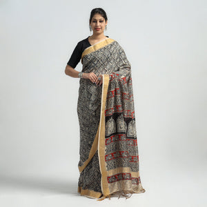 Black - Original Pedana Kalamkari Block Print Silk Saree