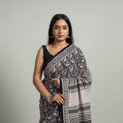 Black - Natural Dyed Bagh Print Cotton Saree with Blouse Piece 28