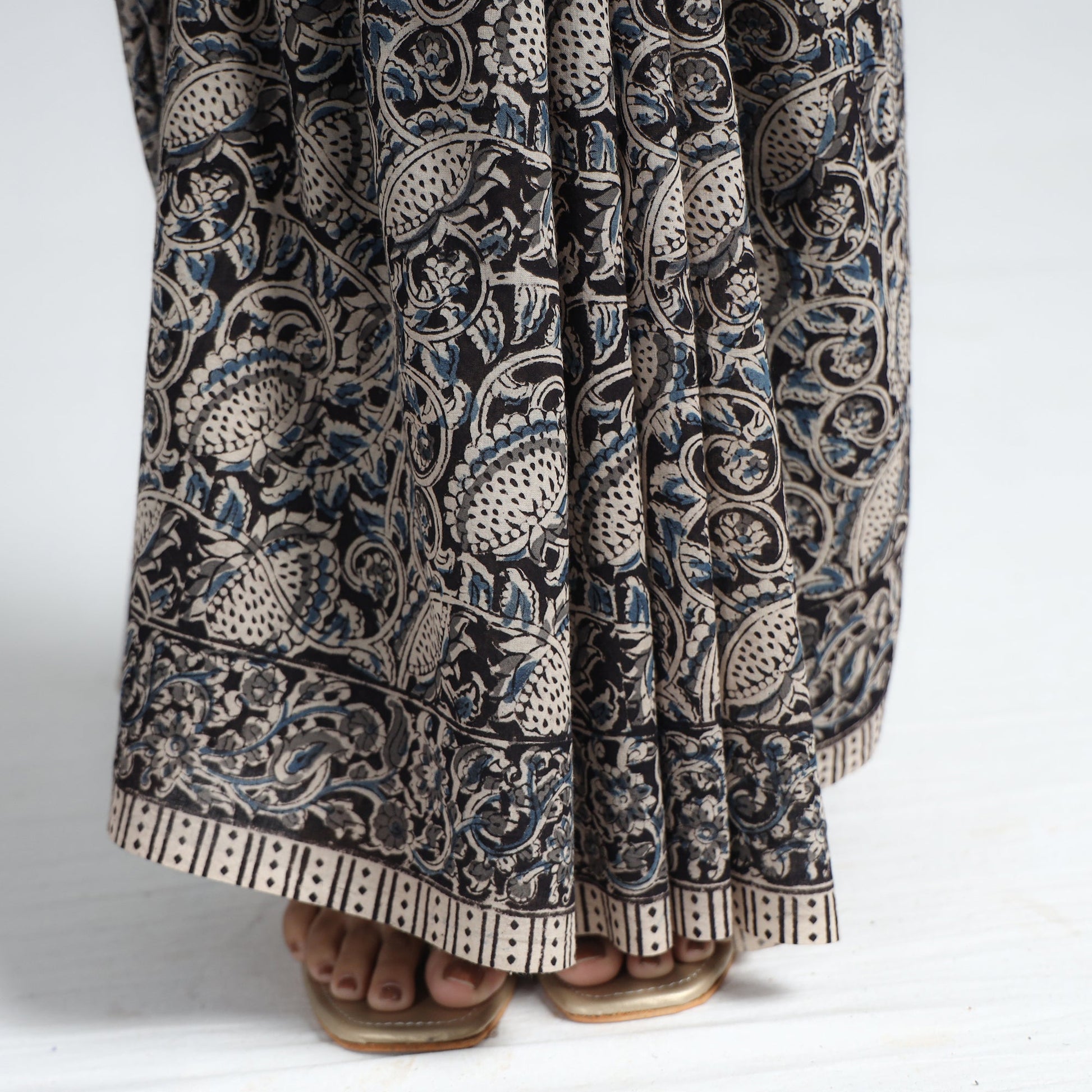 Black - Pedana Block Print Cotton Kalamkari Saree