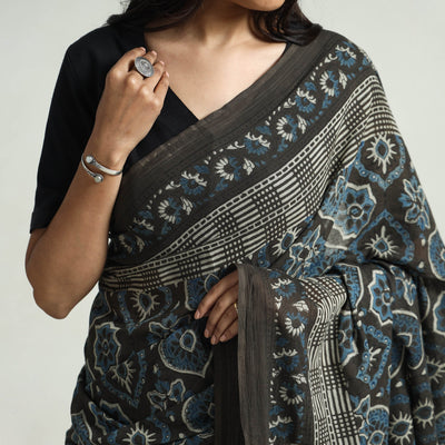 Brown - Block Printed Mul Cotton Ajrakh Saree
